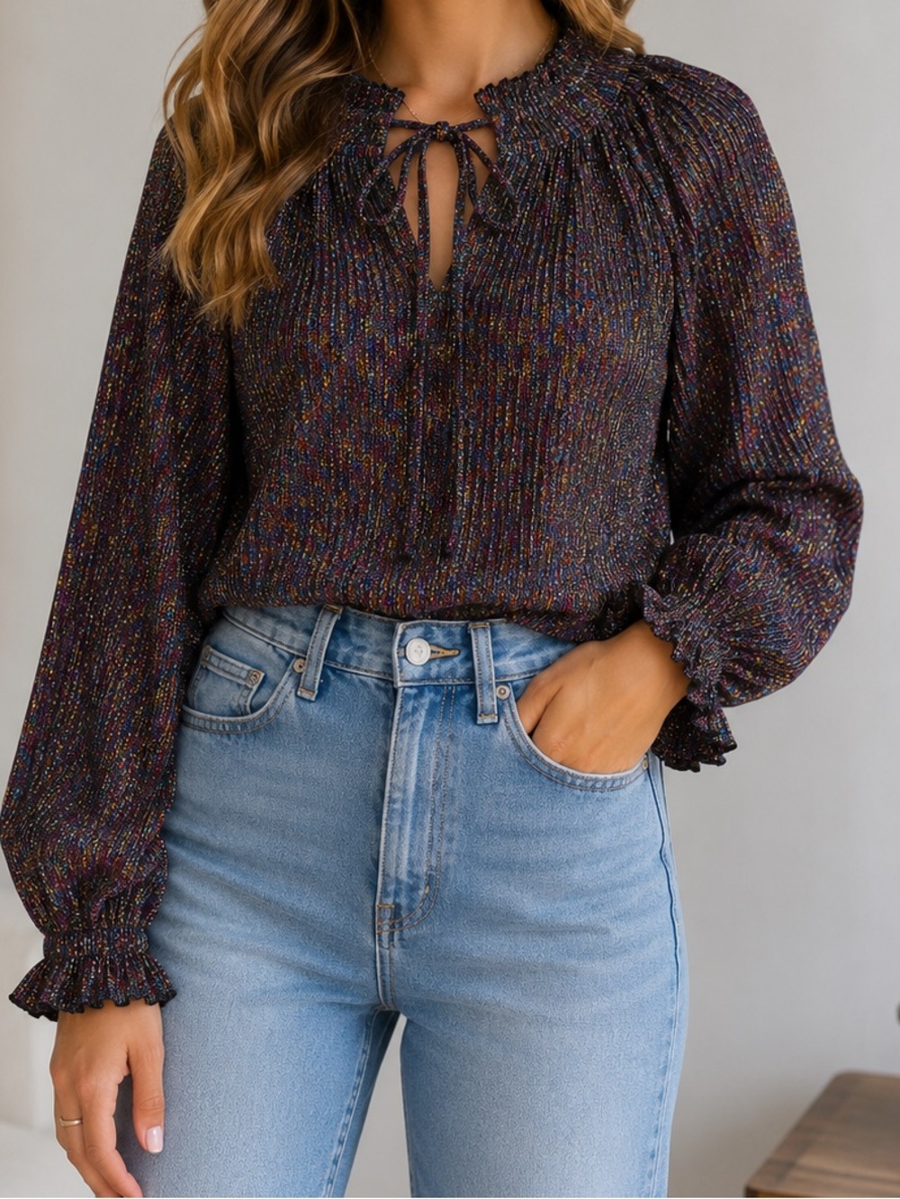 Womens Ronny Kobo Black Multicolor Metallic Crinkled High Neck Top Blouse